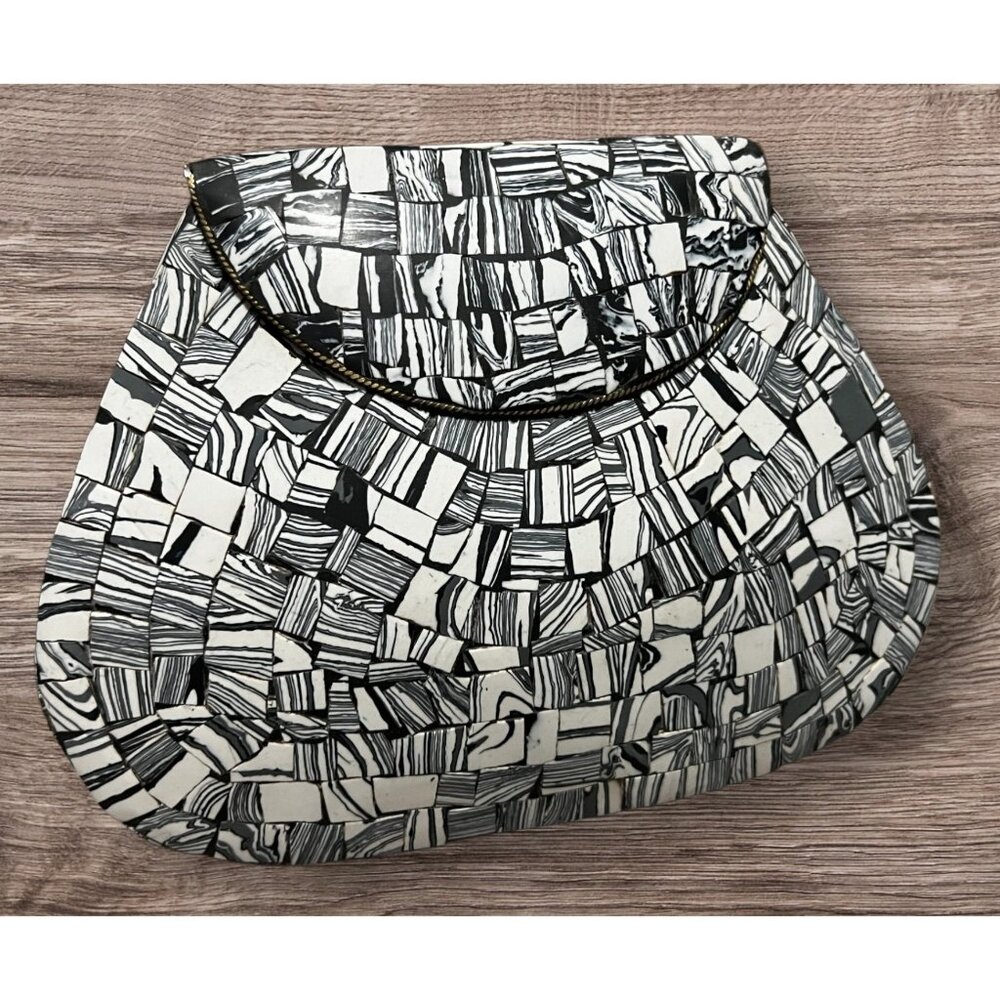 Ramla Handmade Moroccan Mosaic Stone Tile Crossbody Purse Black/White Chain Stra